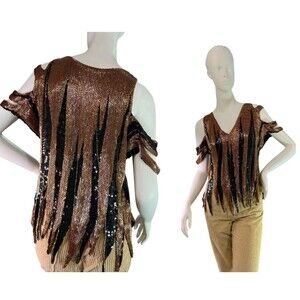 Vintage SWEE LO 1970s Copper & Black Silk Sequin Top Asymmetrical Hem Size M